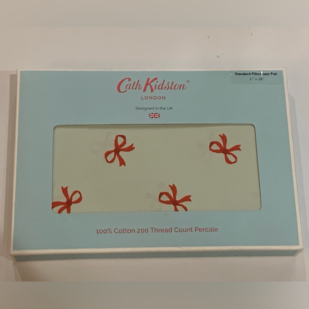 Cath Kidston London Bow Pillowcase Set - Ruby Sage, Percale cotton, 21"x28", NIB